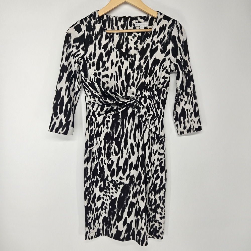 New York & Company Wrap Dress XS Black White Animal Print 3/4 Sleeve Stretch